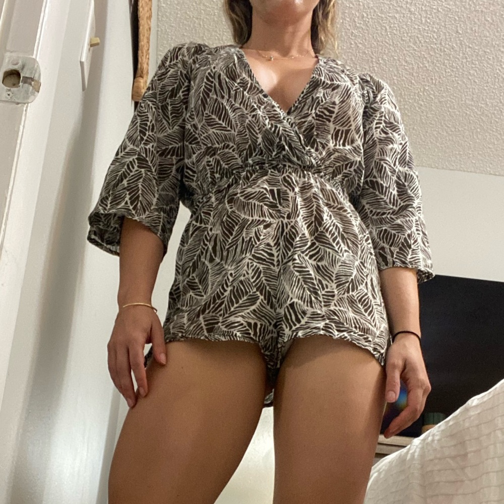 Palm print cotton beach cover up romper